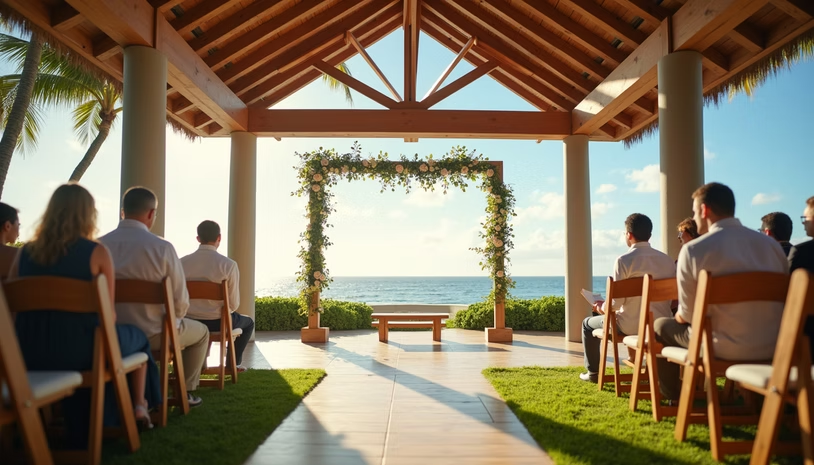 Covered pavilion set up for a wedding ceremony in Hawaii